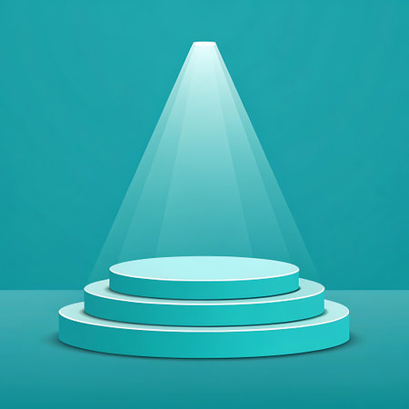 A three-tiered circular podium in cyan sits on a teal surface, illuminated by a bright white spotlight from above.の素材