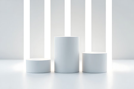 Three white cylindrical pedestals of varying heights on a reflective white floor, illuminated by vertical light strips in the background.の素材