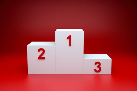 A white three-tiered podium with red numbers 1 2 3 stands against a gradient red background.の素材