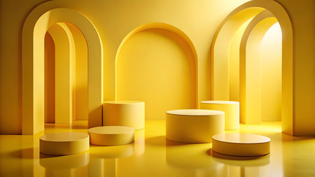 A bright yellow scene with multiple cylindrical podiums and arched architectural elements. The glossy floor reflects the yellow shapes and soft lighting.の素材