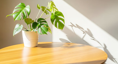 A potted green monstera plant sits on a round wooden table. Sunlight casts distinct shadows of the leaves on a plain wall.の素材