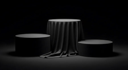 Three black cylindrical pedestals are arranged on a dark surface. One central pedestal is covered with black fabric, draped to the floor.の素材