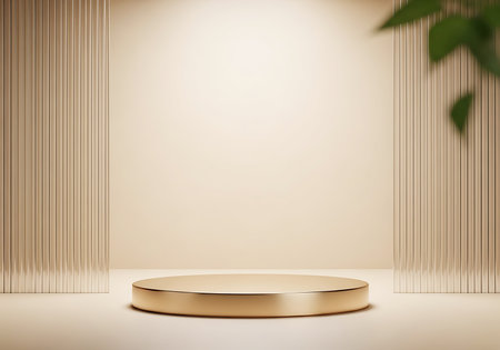 A gold circular podium sits on a beige surface between two ribbed glass panels. Blurred green leaves are visible in the upper right corner.の素材