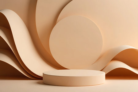 A minimalist beige podium sits on a neutral surface with abstract curved beige shapes and circles in the background.の素材
