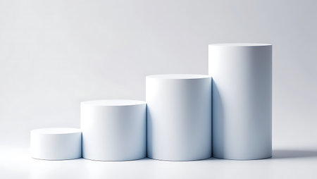 Four white cylindrical pedestals of varying heights are arranged in ascending order against a light gray background with soft shadows.の素材