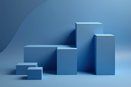 A minimalist scene featuring various blue geometric shapes arranged as pedestals against a soft blue background with a subtle wave element.の素材