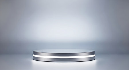 A silver cylindrical podium with a glowing white light strip encircles its base against a smooth gray gradient background.の素材
