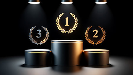A dark stage with three cylindrical podiums illuminated by spotlights. Laurel wreaths with numbers 1 2 and 3 are displayed above.の素材