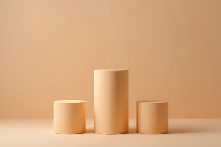 Three peach colored cylindrical pedestals of varying heights are arranged on a matching peach surface against a solid peach background.の素材