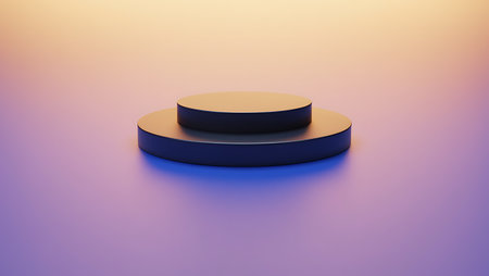 A two-tiered dark grey circular podium sits on a smooth surface with a purple to orange gradient background.の素材