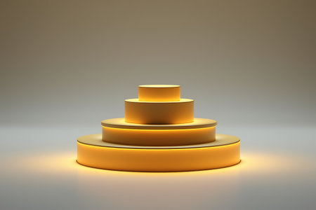 A tiered cylindrical podium with warm yellow light glowing from its edges against a neutral background.の素材