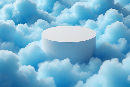 A white cylindrical podium rests amidst a sea of soft, fluffy blue clouds. The composition is airy and serene with a gentle gradient of blue hues.の素材