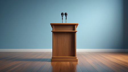 A wooden podium with two microphones stands on a polished hardwood floor against a plain blue wall.の素材