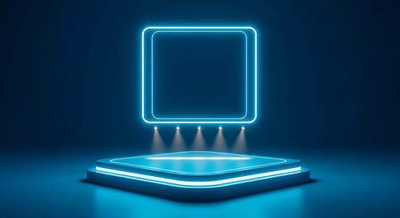 A futuristic stage with glowing blue neon accents and a square neon frame above. Spotlights illuminate the platform.の素材
