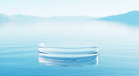 A clear glass podium rests on calm blue water with gentle ripples. Distant, soft-focus mountains are visible under a bright sky.の素材