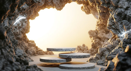 Stone platforms float within a rough grey cave opening bathed in warm golden light.の素材