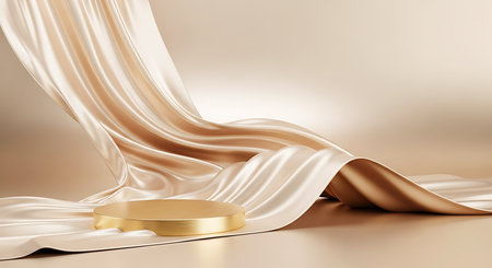 A round gold podium rests on flowing champagne colored silk fabric with soft folds and highlights.の素材