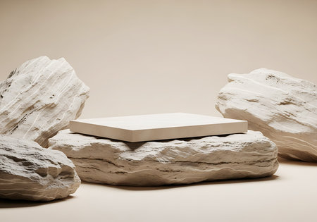 A beige square podium rests on a large, rough textured rock. Surrounding it are other large, light-colored rock formations against a plain, neutral background.の素材