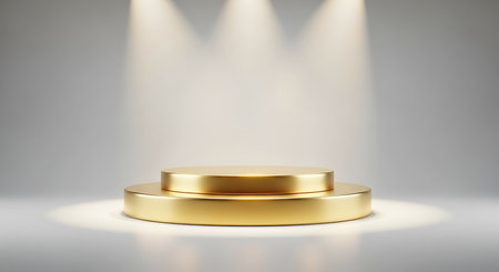 A two-tiered golden podium sits on a white surface, illuminated by three soft spotlights from above.の素材