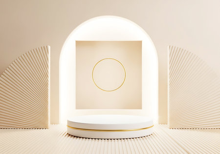 A white circular podium with gold trim sits on a ribbed surface. Behind it, an arched opening frames a square with a gold circle. Pleated fan-like decorations flank the scene.の素材