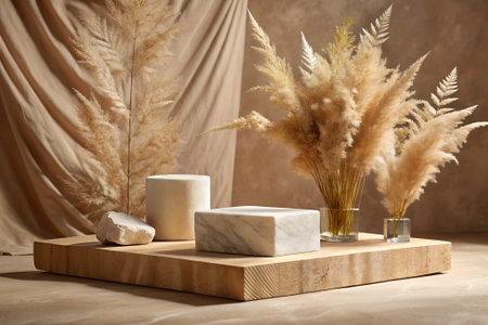 A neutral toned display podium features a marble block, stone, and cylinder with dried pampas grass in glass vases against a draped fabric background.の素材