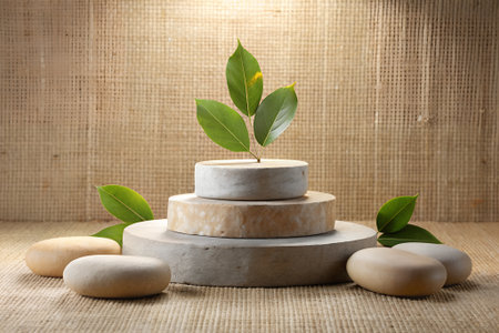 Stacked cylindrical pedestals of varying neutral tones are adorned with fresh green leaves and smooth, rounded stones against a textured burlap background.の素材