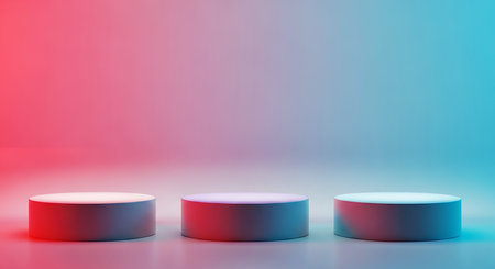 Three cylindrical podiums with glowing edges are arranged in a row against a gradient background of pink and blue.の素材