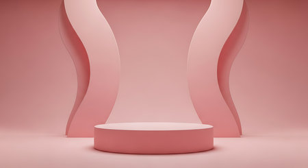 A pink cylindrical podium sits centered on a pink floor with soft lighting. Two large, curved pink abstract shapes rise behind the podium.の素材