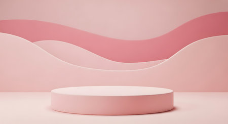 A round pink podium sits on a flat surface with a background of layered pink waves.の素材