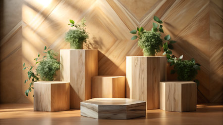 Wooden geometric pedestals of various shapes and sizes are arranged with lush green plants. Natural light casts dappled shadows across the scene.の素材