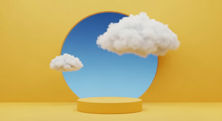 A yellow cylindrical podium sits on a yellow surface in front of a yellow wall with a circular opening revealing a blue sky and white clouds.の素材