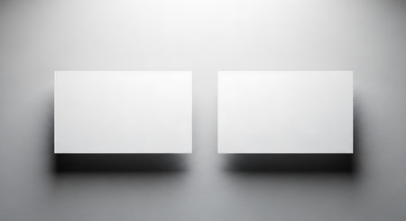 Two blank white rectangular cards are positioned horizontally on a grey textured wall, casting soft shadows below.の素材