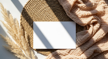 A blank white card rests on a woven mat with dried grass and draped peach fabric. Diagonal light and shadow create a natural, earthy aesthetic.の素材