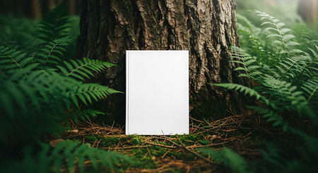 A blank white book stands upright against a textured tree trunk, surrounded by lush green ferns and forest floor elements.の素材