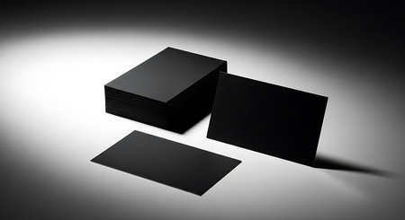 A stack of black business cards sits on a white surface with a dark gradient background. Two individual black cards are placed in front of the stack, one lying flat and the other standing.の素材