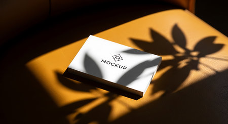 A white box with a black logo sits on a textured orange surface, illuminated by dramatic shadows of leaves.の素材