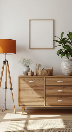 A wooden sideboard with white drawer pulls sits against a white wall. An orange tripod lamp is to the left, and a framed empty picture hangs above.の素材