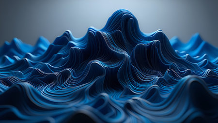 Abstract blue wavy lines create a textured, layered landscape of organic shapes with smooth contours and gradients.の素材