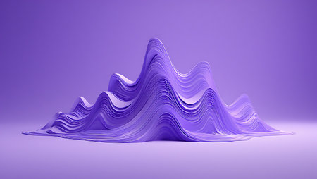 A 3D render of layered purple wavy lines creating an abstract landscape with soft lighting and shadows against a solid purple background.の素材