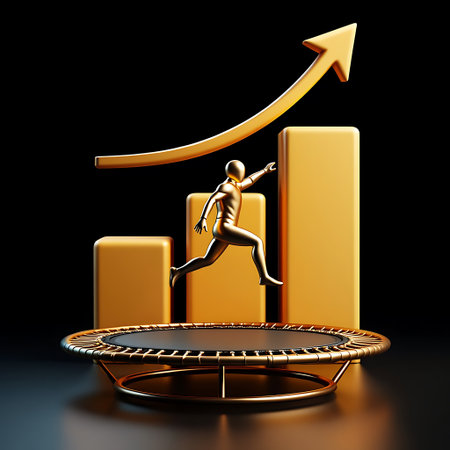 A golden human figure leaps from a trampoline towards a rising bar graph and arrow against a dark background.の素材