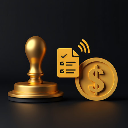 A golden stamp, yellow checklist, and dollar coin with signal waves on a dark background.の素材