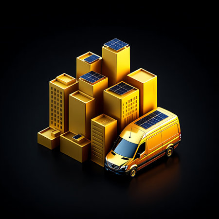Golden isometric buildings topped with solar panels stand beside a yellow van on a dark background.の素材