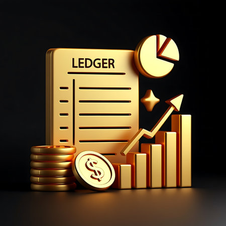 A golden ledger document sits beside a stack of coins, a dollar coin, a bar chart with an upward arrow, and a pie chart against a dark background.の素材