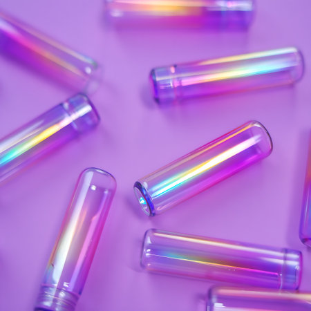 Scattered iridescent glass tubes with holographic reflections on a solid lavender background.の素材