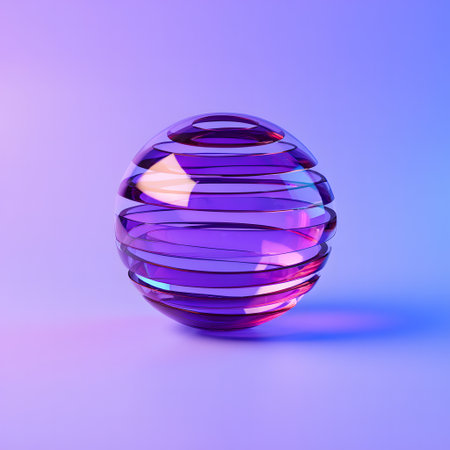 A transparent purple glass sphere with layered segments sits on a soft gradient background of pink and blue.の素材