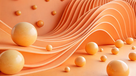 Abstract orange background with layered wavy shapes and scattered smooth spheres of varying sizes.の素材
