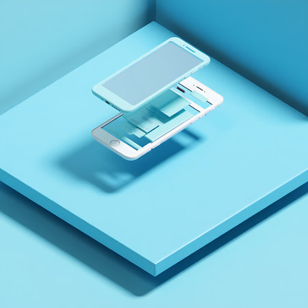 Two light blue smartphones are stacked on a blue geometric surface. Abstract digital interface elements are layered between them.の素材
