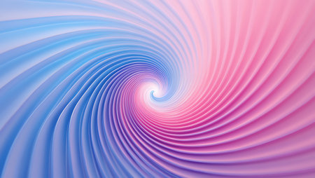 A smooth abstract spiral vortex of pink and blue waves converges towards a bright center with soft light.の素材