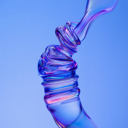 A translucent twisted abstract shape with purple blue and pink iridescent colors against a solid blue background.の素材