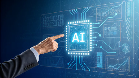 A hand in a suit points to a glowing AI chip on a blue digital interface with circuit patterns and data charts.の素材